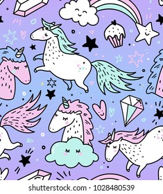 Hand drawn seamless pattern with unicorns, rainbows confetti and other elements. Vector background doodle or cartoon style.