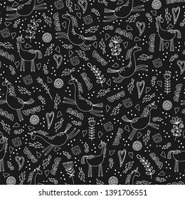 Hand drawn seamless pattern with unicorns on black background. Vector illustration.