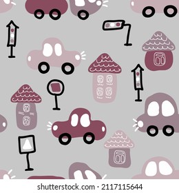 Hand drawn seamless pattern with urban cars and houses. Perfect for T-shirt, textile and prints. Doodle vector illustration for decor and design.
