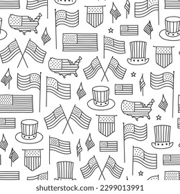 Hand drawn seamless pattern of us flags outline on transparent background