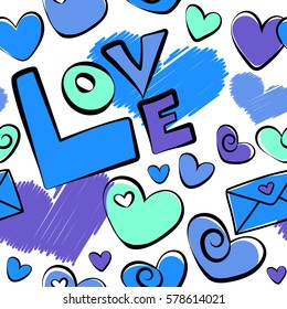Hand drawn seamless pattern. Valentines day seamless doodles pattern. Vector elements: heart, love text and letter in violet and blue colors. Handwritten inscriptions on a white background.