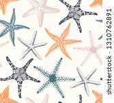 Hand drawn seamless pattern with various Starfishes pastel colors, vector illustration on beige background.