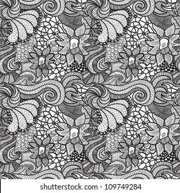 Hand drawn seamless pattern with various elements, flowers, waves