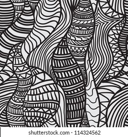 Hand drawn seamless pattern with various elements, lines, waves