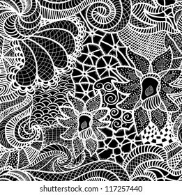 Hand drawn seamless pattern with various elements, flowers, waves