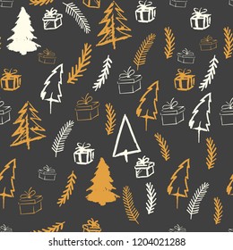 Hand drawn seamless pattern with various ornamental Christmas elements, in grey, white, gold. Stars, fir-tree branches, presents. Vector illustration.