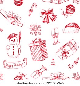 Hand drawn seamless pattern with various Christmas holiday related items- snowman, gifts, baubles and etc.