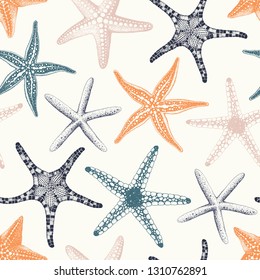 Hand drawn seamless pattern with various Starfishes pastel colors, vector illustration on beige background.