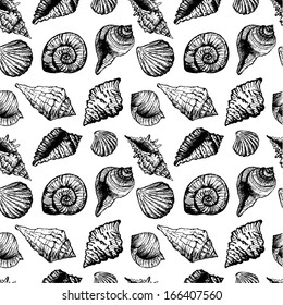 Hand drawn seamless pattern with various seashells