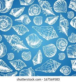 Hand drawn seamless pattern with various seashell