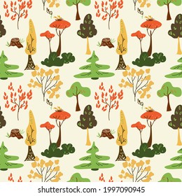 handgezeichnet nahtloses Muster mit verschiedenen abstrakten Bäumen im Wald