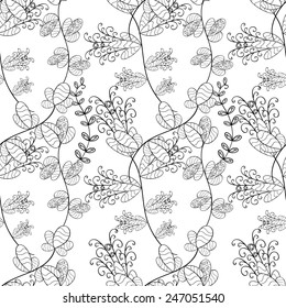 Hand drawn seamless pattern with various elements, flowers, branch. 