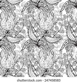Hand drawn seamless pattern with various elements, flowers, branch. 