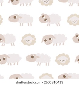 Hand drawn seamless pattern with various painted chalk sheeps.