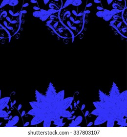 Hand drawn seamless pattern with various elements, flowers, branch on black background and blue silhouette
