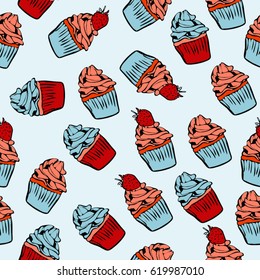 Hand drawn seamless pattern with various cupcakes