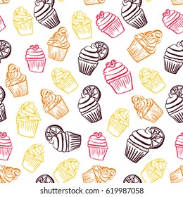 Hand drawn seamless pattern with various cupcakes