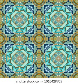 Hand drawn seamless pattern. Vector patchwork quilt pattern in green, brown and blue colors. Abstract colorful mosaic style. Vintage decorative elements. Indian, Arabic, Turkish motifs.