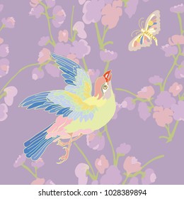 Hand drawn seamless pattern vector illustration of flaying bird and butterfly on the violet background