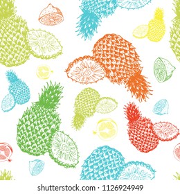 Hand drawn seamless pattern of vector sketch pineapple, pomegranate, lemon