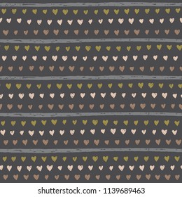 Hand drawn seamless pattern in vector. Dark background of horizontal lines and hearts can be used for textile design, wallpapers and wrapping paper
