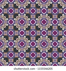 Hand drawn seamless pattern. Vector patchwork quilt pattern in brown, purple and blue colors. Abstract colorful mosaic style. Vintage decorative elements. Indian, Arabic, Turkish motifs.