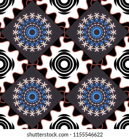 Hand drawn seamless pattern. Vector patchwork quilt pattern in blue, yellow and orange colors. Vintage decorative elements. Indian, Arabic, Turkish motifs. Abstract colorful mosaic style.