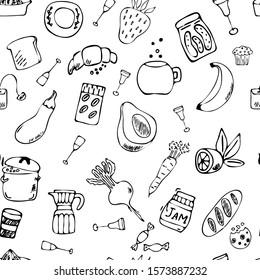 Hand drawn seamless pattern vector illustration. Many kitchen elements in doodle style, black line on white background.