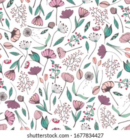 Hand drawn seamless pattern vector of flowers, branches, leaves, berries. Spring colored floral doodle illustration for design cards, invitations, wallpaper, wrapping paper, fabric, textile, packaging