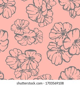 Hand drawn seamless pattern vector of gray and pink spring sakura, flowers, blooming floral elements. Ink doodle sketch illustration for design cards, invitations, wallpaper, wrapping paper, fabric