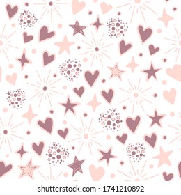 Hand drawn seamless pattern vector of cute pink and purple stars, hearts, salutes. Colorful doodle illustration for Birthday, baby room, greeting card, invitation, wallpaper, wrapping paper, packaging