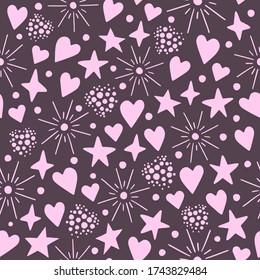 Hand drawn seamless pattern vector of cute pink and purple stars, hearts, salutes. Сolorful doodle illustration for Birthday, baby room, greeting card, invitation, wallpaper, wrapping paper, packaging