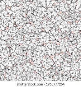 Hand drawn seamless pattern vector of flowers and leaves. Blooming flowers and buds. Decorative Spring floral doodle illustration for greeting card, invitation, wallpaper, wrapping paper, fabric