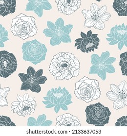 Hand drawn seamless pattern vector of flowers. Blooming peony, rose, lily, lotus. Decorative floral doodle illustration for greeting card, invitation, wallpaper, wrapping paper, fabric