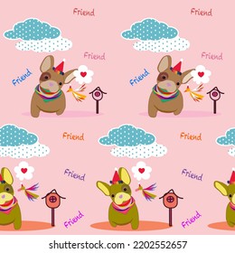 Hand drawn seamless pattern vector presenting friendly relationship between dog and bird.Designed for giftpaper,wallpaper,clothing,fabric,etc. 