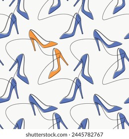 Hand drawn seamless pattern vector. High heel shoe line continuous drawing. Blue pumps background. Fashion print, shop banner, doodle, abstract wallpaper, cartoon backdrop.