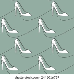 Hand drawn seamless pattern vector. High heel shoe line continuous drawing. White pumps green background. Fashion print, shop banner, doodle, abstract wallpaper, cartoon backdrop.