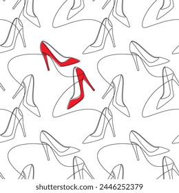 Hand drawn seamless pattern vector. High heel shoe line continuous drawing. Red pumps white background. Fashion print, shop banner, doodle, abstract wallpaper, cartoon backdrop.