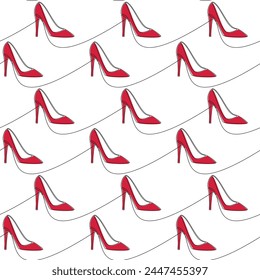 Hand drawn seamless pattern vector. High heel shoe line continuous drawing. Red pumps white background. Fashion print, shop banner, doodle, abstract wallpaper, cartoon backdrop.