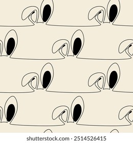 Hand drawn seamless pattern vector. Rabbit bunny hare ears one line continuous drawing. Cartoon illustration. Minimal print, beige background, outline wallpaper, doodle, banner, card.