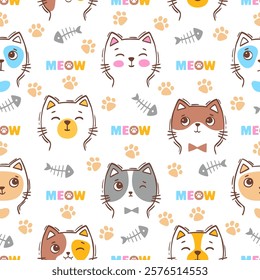 Hand drawn seamless pattern vector cat portrait. Vector hand drawn cute children seamless pattern