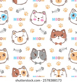 Hand drawn seamless pattern vector cat portrait. Vector hand drawn cute children seamless pattern