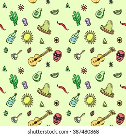 Hand drawn Seamless pattern vector set of mexican symbols- guitar, sombrero, tequila, taco, skull, aztec mask, music instruments. Isolated national elements made in vector.