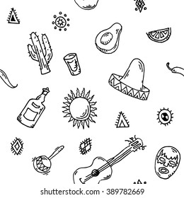 Hand drawn Seamless pattern vector set of mexican symbols