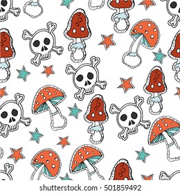 Hand drawn seamless pattern. Vector illustration. Mushrooms. Stickers. Stars. Skulls. Cartoon style.  Zombie. Halloween concept.