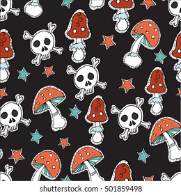 Hand drawn seamless pattern. Vector illustration. Mushrooms. Stickers. Stars. Skulls. Cartoon style.  Zombie. Halloween concept.