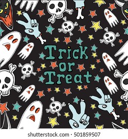 Hand drawn seamless pattern. Vector illustration. Mushrooms. Stickers. Stars. Skulls. Cartoon style.  Zombie. Halloween concept.