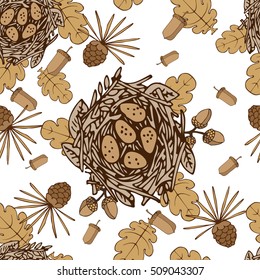 Hand drawn seamless pattern (vector illustration) with bird's nests, acorns, oak leaves and pine cones