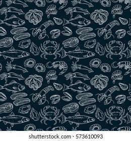 Hand drawn seamless pattern. Vector seafood product design.