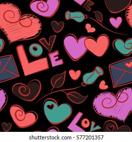 Hand drawn seamless pattern. Vector elements: heart, love text, flower and letter in pink, blue and red colors. Handwritten inscriptions on a black background. Valentines day seamless doodles pattern.